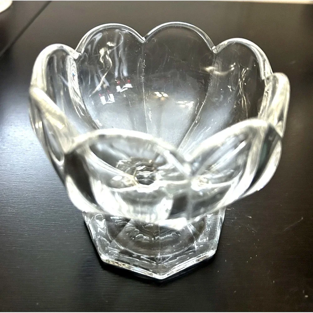 Vintage Clear Glass Floral Pedestal Compote Bowl Scalloped Rim Footed Dish